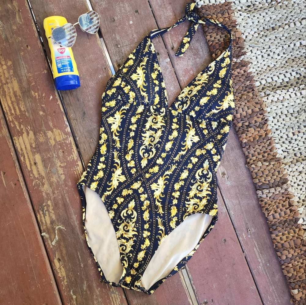 Nautica Gold Leaf Chain Navy One Piece Halter Swimsuit